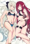  2girls alternate_skin_color ass asurada_yui bangs bare_shoulders bikini black_bikini black_bow blue_bikini blue_eyes blush bow braid breasts cleavage earrings fairy_knight_tristan_(fate) fate/grand_order fate_(series) french_braid grey_eyes grey_hair hair_bow highres jewelry large_breasts long_hair looking_at_viewer lying medium_breasts morgan_le_fay_(fate) mother_and_daughter multiple_girls navel on_back on_side open_mouth parted_lips pink_hair pointy_ears ponytail pubic_tattoo sidelocks smile swimsuit tattoo thighs very_long_hair 