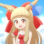  1girl bangs bare_arms bare_shoulders blonde_hair blue_ribbon blue_sky blunt_bangs bow cato_(monocatienus) cloud commentary_request eyebrows_visible_through_hair hair_bow highres horn_ornament horn_ribbon horns ibuki_suika large_bow long_hair long_sleeves looking_at_viewer open_mouth red_bow red_eyes ribbon shirt sky solo teeth touhou upper_body upper_teeth watermelon_slice white_shirt 