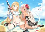  2girls ahoge albacore_(azur_lane) archerfish_(azur_lane) arm_support ass azur_lane back back_cutout bangs bare_shoulders beach bikini black_footwear black_swimsuit blonde_hair blue_sky blush breasts closed_mouth clothing_cutout cloud collarbone commentary_request day demon_tail eyebrows_visible_through_hair flower green_eyes grin groin_tendon gun hair_flower hair_ornament hibiscus highleg highleg_swimsuit holding holding_water_gun jacket kani_biimu long_hair looking_at_viewer looking_back multiple_girls naughty_face navel ocean official_art one-piece_swimsuit one-piece_tan one_eye_closed open_clothes open_jacket outdoors purple_eyes sandals shallow_water sideboob silver_hair sitting sky small_breasts smile star_(symbol) star_hair_ornament stomach stomach_tattoo swimsuit tail tan tanlines tattoo teeth thigh_strap thighs tongue tongue_out underboob unzipped very_long_hair wading wariza water water_gun watermark weapon wet white_bikini 