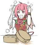  1girl ahoge arms_up bandaged_arm bandages baozi chinese_clothes cuffs double_bun flower food food_in_mouth hair_between_eyes highres ibaraki_kasen peroponesosu. pink_eyes pink_hair rose short_hair short_sleeves simple_background solo steam tabard touhou vine_print white_background white_sleeves 