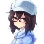  1girl baseball_cap blue_hoodie brown_eyes brown_hair character_request check_character closed_mouth commentary_request from_side glasses hair_between_eyes hat highres hood hoodie looking_at_viewer medium_hair mirino original portrait simple_background solo white_background white_headwear 