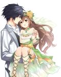  1boy 1girl :d ankle_lace-up bangs bare_shoulders black_hair braid bride brooch brown_hair carrying commentary detached_sleeves dress eiyuu_densetsu eye_contact flower formal green_dress green_eyes groom hair_between_eyes hair_flower hair_ornament hakuleg happy hetero husband_and_wife jewelry long_hair looking_at_another open_mouth petite princess_carry rean_schwarzer ring see-through_sleeves sen_no_kiseki simple_background smile suit towa_herschel veil very_long_hair wedding_band white_background white_suit 