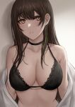  1girl bangs bare_shoulders black_bra bra breasts brown_eyes chinese_commentary cleavage closed_mouth collarbone commentary_request english_commentary eyebrows_visible_through_hair girls&#039;_frontline gradient gradient_background green_hair highres large_breasts long_hair looking_at_viewer m4a1_(girls&#039;_frontline) mixed-language_commentary multicolored_hair off_shoulder open_clothes selcky solo streaked_hair two-tone_hair underwear undressing upper_body 