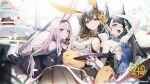  3girls animal_ears arm_up armpits azur_lane black_hair black_legwear blush breasts chikuma_(azur_lane) chyan collarbone commentary_request eating hair_between_eyes headband katana katsuragi_(azur_lane) large_breasts long_hair looking_at_viewer manjuu_(azur_lane) multiple_girls official_art one_eye_closed rabbit_ears shimakaze_(azur_lane) sideboob small_breasts sword thighhighs twintails weapon yellow_eyes 