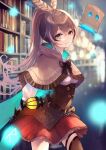 1girl ahoge bangs belt blurry blurry_background bookshelf bow breasts brown_belt brown_bow brown_capelet brown_eyes brown_hair brown_legwear cape capelet cleavage commentary corset cowboy_shot feather_hair_ornament feathers friend_(nanashi_mumei) frilled_skirt frills hair_between_eyes hair_ornament hairclip highres hololive hololive_english indoors lantern long_hair long_sleeves looking_at_viewer medium_breasts nanashi_mumei pleated_skirt red_skirt skirt standing thigh_strap thighhighs virtual_youtuber xyunx 