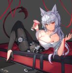  1girl :3 absurdres alcohol animal_ear_fluff animal_ears bangs belt black_footwear black_pants blush breasts bright_pupils cleavage closed_mouth coffin collarbone cup demon_tail drinking_glass eyebrows_visible_through_hair from_side glint grey_background heart high-waist_pants high_heels highres holding holding_cup knees_up large_breasts long_hair looking_at_viewer looking_to_the_side lying no_bra off_shoulder on_back original pants pouring_onto_self red_eyes short_sleeves silver_hair simple_background solo tail wine wine_glass yukaring1 