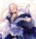  1boy 1girl artoria_pendragon_(caster)_(fate) artoria_pendragon_(fate) bangs black_cape black_gloves black_hair blonde_hair blue_eyes blue_ribbon bracelet cape closed_mouth diamond_hairband dress fate/grand_order fate_(series) fur-trimmed_cape fur_trim gloves hair_ribbon hand_grab highres insect_wings jewelry long_hair looking_at_viewer medium_hair oberon_(fate) ribbon shichimi_(ftlvampire32) shirt single_glove smile spoilers very_long_hair white_dress white_shirt wings 