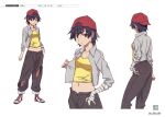  1girl anime_coloring backwards_hat bakemonogatari bandaged_arm bandages baseball_cap black_pants blue_hair character_sheet contrapposto cowboy_shot denim full_body grey_jacket hand_on_hip hat highres jacket jeans kanbaru_suruga midriff monogatari_(series) multiple_views official_art pants production_art red_footwear red_headwear scan seal_script shirt shoes simple_background sneakers standing thick_eyebrows tomboy torn_clothes torn_pants white_background yellow_shirt zip_available 