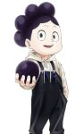  1boy :d absurdres ball bangs boku_no_hero_academia feet_out_of_frame fengling_(furin-jp) highres holding holding_ball hood hood_down long_sleeves looking_at_viewer male_focus mineta_minoru open_mouth overalls short_hair simple_background smile solo standing teeth upper_teeth white_background 