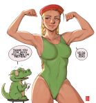  1girl adapted_costume antenna_hair armpits artist_name artist_self-insert ass_visible_through_thighs beret biceps bikini_tan blonde_hair blue_eyes blush braid breasts cammy_white clenched_hands commentary covered_abs crocodile crocodilian english_commentary english_text flexing green_leotard green_sweater hat highleg highleg_swimsuit highres hot leotard linea_alba lips long_braid looking_to_the_side medium_breasts milestone_celebration muscular muscular_female nose nose_blush one-piece_swimsuit pose red_headwear scar scar_on_face smirk solo_focus standing street_fighter street_fighter_ii_(series) sweat sweater swimsuit tan tanlines thick_thighs thighs twin_braids volt_crocodile 