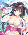  1girl algae ameto_yuki animal_ears arms_up bare_shoulders black_hair blue_eyes blush bra breasts brown_hair bubble cleavage collarbone crescent crescent_hair_ornament dengeki_moeou fish hair_between_eyes hair_ornament hair_ribbon hairpin hands_up japanese_clothes kimono lace lace-trimmed_bra lace_trim lingerie long_hair long_sleeves medium_breasts navel noir_(ameto_yuki) obi open_mouth original panties rabbit_ears rabbit_girl ribbon sash see-through solo underwear water wet 