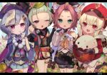  4girls :3 :d :p ahoge animal_ears animal_hood arm_guards arm_up backpack bag bag_charm bangs bangs_pinned_back bead_necklace beads black_gloves black_scarf black_shorts bloomers blunt_bangs blurry boots brown_footwear brown_gloves brown_scarf cabbie_hat cape carrying cat_ears cat_girl ch charm_(object) child chinese_clothes clover_print coat coin_hair_ornament commentary_request depth_of_field detached_sleeves diona_(genshin_impact) dodoco_(genshin_impact) eyebrows_visible_through_hair fake_animal_ears field finger_to_mouth fingerless_gloves flower flower_field forehead genshin_impact gloves green_eyes hair_between_eyes hat hat_feather hat_ornament highres hood index_finger_raised japanese_clothes jewelry jiangshi jumpy_dumpty klee_(genshin_impact) knee_boots kneehighs leaf leaf_on_head light_brown_hair long_hair long_sleeves looking_at_viewer low_twintails multiple_girls navel necklace ninja obi ofuda one_eye_closed open_mouth parted_lips paw_pose petals pink_hair pocket pointy_ears pouch puffy_detached_sleeves puffy_shorts puffy_sleeves purple_eyes purple_hair qing_guanmao qiqi_(genshin_impact) raccoon_ears randoseru red_coat red_eyes red_headwear sash sayu_(genshin_impact) scarf short_hair shorts shuriken sidelocks silver_hair smile standing standing_on_one_leg tamago_tyoko_(ijen0703) thick_eyebrows thighhighs tongue tongue_out twintails underwear vision_(genshin_impact) weapon white_gloves white_legwear wind zettai_ryouiki 
