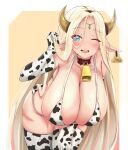  1girl :d absurdres animal_print bell bikini blonde_hair blush breasts cerestia_of_life cleavage cow_girl cow_horns cow_print cowboy_shot curvy ear_tag elf gloves gradient gradient_background haihm07 hair_tucking highres horns huge_breasts korean_commentary last_origin leaning_forward leather_choker long_hair looking_at_viewer neck_bell one_eye_closed open_mouth pointy_ears round_teeth simple_background smile solo straight_hair swimsuit teeth thigh_gap thighhighs very_long_hair 
