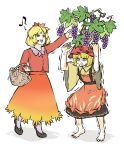  aki_minoriko aki_shizuha apron barefoot basket black_skirt blonde_hair clenched_teeth food food-themed_hair_ornament fruit grape_hair_ornament grapes hair_ornament highres leaf_hair_ornament long_sleeves musical_note open_mouth peroponesosu. plant_on_head red_shirt shirt shoes short_hair siblings simple_background sisters skirt spoken_musical_note steam_from_mouth sweatdrop teeth touhou trembling white_background wide_sleeves yellow_eyes yellow_shirt 