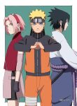  1girl 2boys absurdres black_eyes black_hair black_shorts blonde_hair blue_eyes border closed_mouth forehead forehead_protector gloves green_background green_eyes grey_jacket haruno_sakura highres jacket katana long_sleeves looking_at_viewer multiple_boys naruto_(series) naruto_shippuuden ninja orange_pants pants pink_hair pinoko_(pnk623) purple_gloves red_shirt sheath sheathed shirt short_hair short_sleeves shorts sword team7 uchiha_sasuke uzumaki_naruto v-shaped_eyebrows weapon 