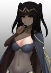  1girl absurdres bangs black_hair black_nails bodystocking breasts cape cleavage finger_to_mouth fire_emblem fire_emblem_awakening grey_background grey_eyes highres large_breasts long_hair looking_at_viewer nail_polish open_mouth shadow shushing solo tharja_(fire_emblem) the_only_shoe 