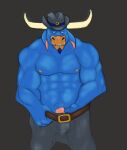  anthro belt blue_body blue_fur bovid bovine bulge caribounose erection fur genitals holding_penis looking_at_viewer male mammal penis rape_face solo the_dakota_dude wild_west_c.o.w.-boys_of_moo_mesa 