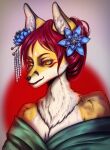  2021 absurd_res accessory anthro asian_clothing bare_shoulders brown_body brown_fur canid canine clothing east_asian_clothing ezo_red_fox facial_markings female flowers_in_hair fox fur hair hair_accessory hairpin head_markings hi_res japanese_clothing kimono mammal markings orange_eyes pupils red_fox red_hair sip_headless slit_pupils solo vulpes_foxnik white_body white_fur yellow_body yellow_fur 