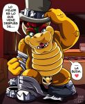  &lt;3 bowser bulge clothing gabshiba hat headgear headwear koopa male mario_bros nintendo one_eye_closed scales scalie smile solo spanish_text text top_hat translated undressing video_games wink 