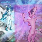  1:1 anthro attack blubluumon blue_eyes book breasts butt duo eeveelution espeon female female/female genitals glaceon hi_res magic magic_shield magic_user nintendo nude pink_eyes pok&eacute;mon pok&eacute;mon_(species) pussy raised_arm raised_tail snow video_games 