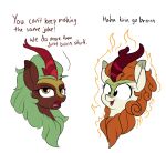  2021 annoyed asian_mythology autumn_blaze_(mlp) brown_body brown_eyes brown_fur brown_mane brown_scales chinese_mythology cinder_glow_(mlp) dialogue dipstick_ears duo east_asian_mythology english_text eyebrows eyelashes female feral fire friendship_is_magic fur green_body green_mane green_scales hasbro hi_res horn kirin mammal mane multicolored_ears my_little_pony mythology open_mouth open_smile rocket-lawnchair scales simple_background smile tan_body tan_fur text white_background 