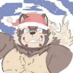  1:1 anthro blush brown_body brown_fur canid canine christmas christmas_clothing christmas_headwear clothing fur goemon_(tas) grin hat headgear headwear holidays lifewonders low_res male mammal moobs nipples overweight raccoon_dog raio_owo santa_hat shirtless smile solo tanuki tokyo_afterschool_summoners video_games 