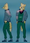  anthro black_nose blonde_hair canid canine clothed clothing fox fox_mccloud fredryk_phox fully_clothed fur hair hands_on_hips hi_res looking_away male mammal multicolored_body multicolored_fur nintendo pose simple_background solo star_fox star_fox_the_animated_series video_games yellow_body yellow_fur 