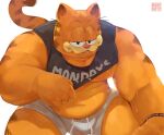  2021 absurd_res anthro bakemonoy barazoku belly big_belly big_bulge bodily_fluids bulge clothed clothing domestic_cat english_text felid feline felis garfield_(series) garfield_the_cat hi_res looking_at_viewer love_handles male mammal moobs musclegut muscular muscular_anthro muscular_male narrowed_eyes navel nipples overweight overweight_anthro overweight_male raised_clothing raised_shirt raised_tank_top raised_topwear shirt simple_background solo sweat tank_top text text_on_clothing text_on_shirt text_on_tank_top text_on_topwear topwear underwear undressing watermark white_background wristband 
