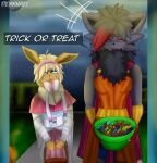  2021 absurd_res accessory anthro blue_eyes bow_ribbon brown_body brown_fur bucket candy cape chest_tuft clothing container dennhaze dessert detailed_background dialogue duo eevee english_text eyes_closed female food fur grey_body grey_fur hair hair_accessory hairband halloween halloween_costume happy hi_res holding_bucket holding_container holding_object holidays multicolored_body multicolored_fur nintendo pok&eacute;mon pok&eacute;mon_(species) red_body red_fur signature size_difference superhero_costume tan_hair text tongue tongue_out trick_or_treat tuft two_tone_body two_tone_fur video_games zoroark 