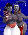  2021 abu_(aladdin) after_transformation aladdin_(disney) anthro big_breasts black_hair bodily_fluids bottomwear breastfeeding breasts clothed clothing crossgender curvy_figure desert dialogue disney disney&#039;s_aladdin el-loko english_text eyeshadow felid feline female feral fur gender_transformation grey_body grey_fur group hair haplorhine headdress hi_res huge_nipples lactating loincloth_only makeup male male/female mammal mirage_(disney) monkey moon mtf_crossgender mtf_transformation navel night nipple_fetish nipple_play nipple_suck pants primate smile sucking text thick_thighs topless topwear transformation twinning vest voluptuous wide_hips 