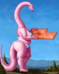  anthro belly big_breasts big_butt big_tail bikini blue_sky breasts butt clothing colored_nails curvaceous curvy_figure dinosaur diplodocid diplodocus dyna_soar eyelashes female hi_res holding_object landscape_background lips long_neck looking_at_viewer macro nails overweight painting_(artwork) pink_body pink_nails pink_scales pinup plant polka_dot_bikini pose reptile saurian_(disambiguation) sauropod scales scalie side_view sign sky smile smiling_at_viewer solo ssohardd swimwear thick_lips thick_thighs traditional_media_(artwork) tree voluptuous 