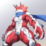  1:1 abs anthro bandai_namco betelgammamon claws digimon digimon_ghost_game hi_res horn kurogon0227 looking_down male muscular muscular_anthro muscular_male muscular_thighs pecs red_body scarf solo yellow_eyes 