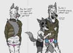  anthro bare_butt bulge butt canid canine canis clothing clothing_pull domestic_dog duo english_text exposed_balls exposed_butt friends hair humping hyaenid lowered_panties male male/male mammal ponytail raised_tail ricthecusco size_difference skinny striped_hyena sweater text tongue tongue_out topwear underwear whiskers 