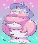  2020 :3 absurd_res belly_grab big_breasts black_sclera blue_eyes blue_hair blush breasts female hair hatterene hi_res humanoid miistko nintendo not_furry obese obese_female obese_humanoid overweight overweight_female overweight_humanoid pok&eacute;mon pok&eacute;mon_(species) signature solo video_games white_body 