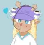  &lt;3 &lt;3_eyes antlers beer_hat beverage blonde_hair blue_background blue_eyes blush brown_body bust_portrait capreoline cervid clothing container cup deltarune drinking female freckles hair hat headgear headwear hi_res horn mammal noelle_holiday portrait purple_clothing purple_hat purple_headwear red_nose reindeer simple_background solo tea tea_cup undertale_(series) unknown_artist video_games white_robe 