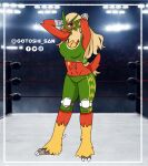  2021 anthro athletic athletic_female blaziken blonde_hair breasts claws cleavage clothed clothing esperanza_(atomic417) female gotoshi_san hair hands_behind_head hi_res knee_pads looking_at_viewer lucha_libre_mask luchador mask neck_tuft nintendo not_furry photo_background pok&eacute;mon pok&eacute;mon_(species) red_body signature solo sports_mask sportswear stomach_scar talons tuft video_games wrestler wrestling_mask 