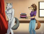 2019 abs anthro birthday_cake blush bottomwear breasts brown_body brown_eyes brown_fur brown_hair cake canid canine canis clothed clothed/nude clothed_female_nude_male clothing covering covering_crotch denim denim_clothing dessert digital_media_(artwork) duo earl_polar embarrassed female food fully_clothed fur green_eyes grey_body grey_fur hair inside jeans male mammal mightyraptor multicolored_body multicolored_fur muscular muscular_anthro muscular_male nervous_smile nude pants purple_clothing purple_shirt purple_topwear shaded shirt simple_background smile topwear two_tone_body two_tone_fur wolf 