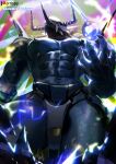  abs absurd_res anthro armor bandai_namco black_body blackwargreymon crrispy digimon digimon_(species) headgear helmet hi_res looking_down low-angle_view male muscular muscular_anthro muscular_male pecs solo unconvincing_armor 