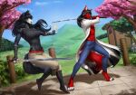  2021 anthro black_hair breasts canid canine clothed clothing day detailed_background digital_media_(artwork) elvofirida eyebrows eyelashes female fur hair holding_object holding_sword holding_weapon male mammal melee_weapon outside red_body red_fur sky sword weapon 