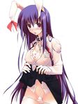  animal_ears bad_id bad_pixiv_id between_breasts blush breasts bunny_ears card card_between_breasts cleavage collar gisyo large_breasts long_hair panties panty_pull purple_eyes purple_hair reisen_udongein_inaba see-through skirt skirt_lift solo tongue touhou underwear very_long_hair 