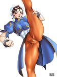  arikawa ass blush breasts brown_hair capcom chun-li high_kick highres kicking no_panties open_mouth pantyhose pubic_hair pussy spread_legs street_fighter surprise surprised uncensored upskirt 