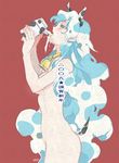  2009 animal_ears animal_print bad_id bad_pixiv_id bell bell_collar big_hair blush breasts cloud_hair collar colored_eyelashes cow_bell cow_ears cow_girl cow_print cow_tail curly_hair from_side half-closed_eyes hands hands_up head_back holding kanke_(yonkuma) kemonomimi_mode long_hair medium_breasts milk milk_carton multicolored_hair new_year nia_teppelin nude open_mouth profile red_background sexually_suggestive simple_background solo standing tail tengen_toppa_gurren_lagann tongue tongue_out translation_request very_long_hair 