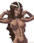  abs arrancar biceps bleach breasts brown_hair dark_skin flexing franceska_mila_rose grin groin large_breasts long_hair muscle muscular_female navel nude pose smile solo speh 