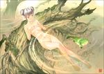  :3 ariverkao axolotl barefoot black_eyes black_hair breasts covering covering_breasts double_bun forest large_breasts legs lying nature nude original pussy solo water 