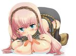  aqua_eyes between_breasts blue_nails breasts food headset large_breasts long_hair megurine_luka nail_polish pink_hair sausage sexually_suggestive solo tdk thighhighs vocaloid 