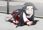  black_hair bleeding blood blood_from_mouth clenched_teeth commentary crying crying_with_eyes_open dying glasses injury long_hair lucky_star mugenjohncel ryouou_school_uniform school_uniform serafuku solo stabbed tamura_hiyori tears teeth 