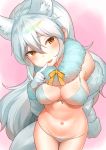  1girl animal_ear_fluff animal_ears arctic_fox_(kemono_friends) bangs bikini blush breasts choir_(artist) cleavage erect_nipples eyebrows_visible_through_hair finger_to_mouth fox_ears fox_tail fur-trimmed_sleeves fur_collar fur_trim gloves grey_bikini groin highres kemono_friends large_breasts long_hair long_sleeves looking_at_viewer navel open_mouth pink_background silver_hair simple_background smile solo standing stomach sweat swimsuit tail very_long_hair yellow_eyes 