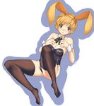  animal_ears blonde_hair breasts brown_eyes bunny_ears bunnysuit cleavage feet large_breasts persona persona_4 pro satonaka_chie short_hair solo thighhighs 