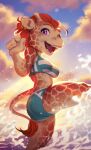  absurd_res anthro bathing bikini butt_pose chibi clothing cute_eyes ear_piercing ear_ring female giraffe giraffid happy hi_res legend_of_ahya mammal marle_talbender_(darkflamewolf) nordeva piercing pose solo splash splashing sun swimwear water 