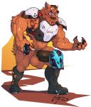  2021 abs american_football anthro armor balls barazoku beard biceps big_balls big_muscles big_penis bodily_fluids boots bottomless canid canine canis claws clothed clothing cum cum_drip dripping ear_piercing ear_ring erection facial_hair footwear genital_fluids genitals hair headgear helmet helmet_on_penis hi_res holding_armor holding_headgear holding_helmet holding_object huge_balls huge_muscles huge_penis humanoid_genitalia humanoid_penis male mammal muscular muscular_anthro muscular_male navel nightterror open_mouth penis piercing shin_pads shoulder_pads signature simple_background solo sport sportswear standing sweat tattoo teeth tongue tremor_(character) vein veiny_muscles wolf 